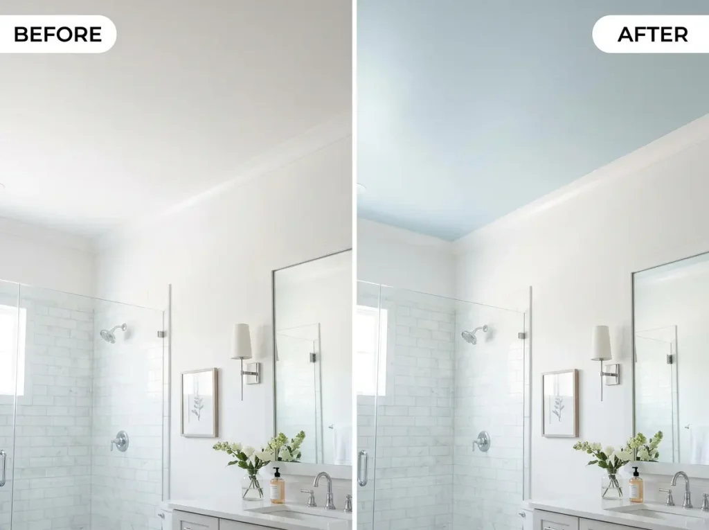 Bathroom before and after painting the ceiling pale blue
