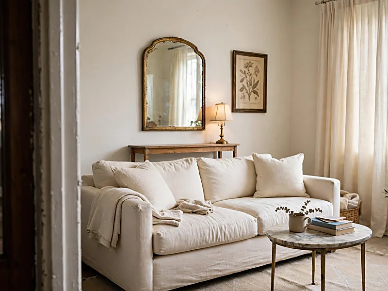 Parisian-inspired apartment with a curved vintage mirror, cream curtains, upholstered sofa, and marble-look side table.