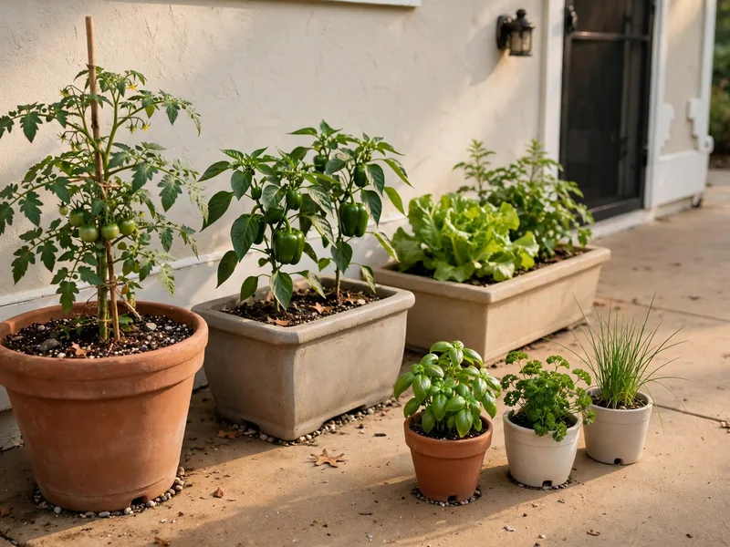 Sunny residential patio with potted tomatoes, peppers, lettuce, and culinary herbs.