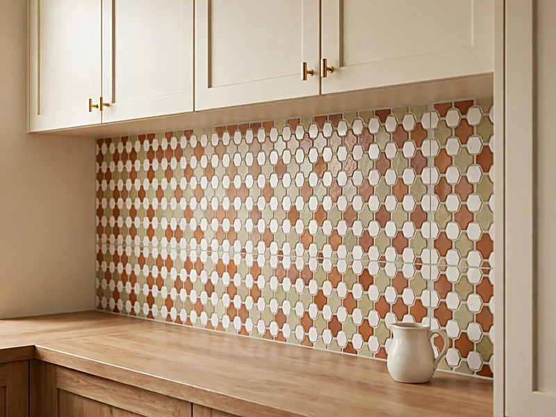 Muted terracotta and cream patterned backsplash tile above a wood countertop in a cottage kitchen.
