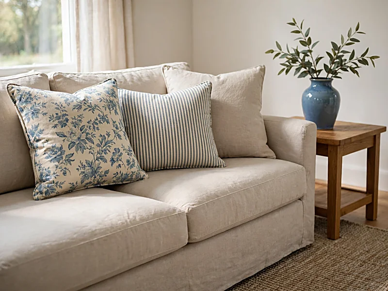Neutral sofa styled with floral and striped cushions in matching blue tones beside a blue ceramic vase.