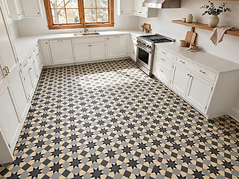 Kitchen with geometric patterned porcelain floor tiles, white cabinets, and simple countertops.