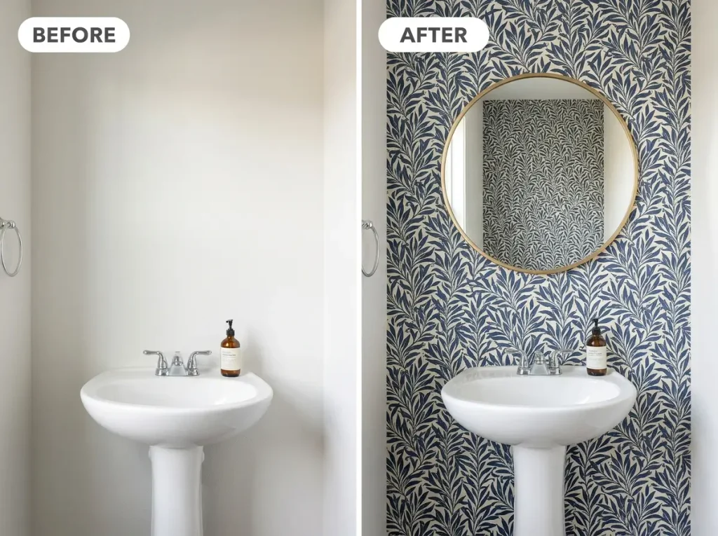 Powder room wall before and after navy botanical peel and stick wallpaper

