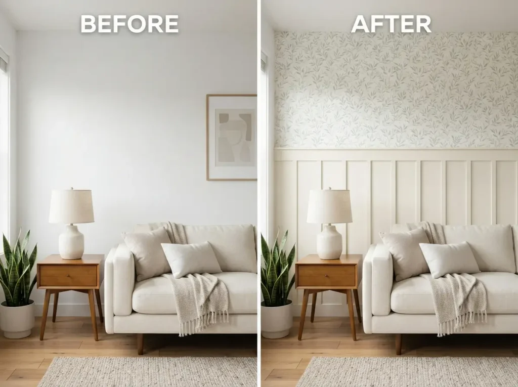 Before and after of a living room wall with removable wallpaper and peel-and-stick wood trim