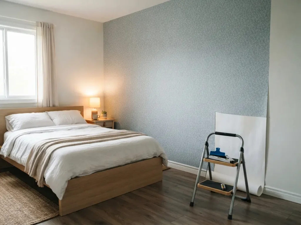 Rental bedroom with a peel and stick botanical wallpaper accent wall and a squeegee on the floor
