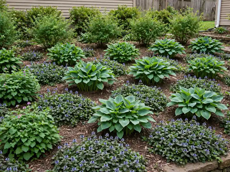 Garden bed filled with repeated groups of perennials and low ground cover beneath established shrubs.