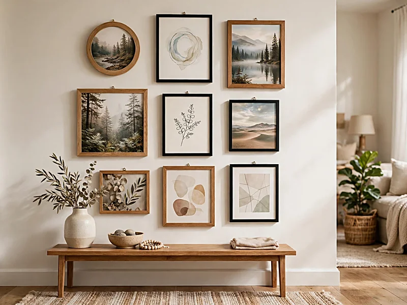 Gallery wall with mixed wooden and black frames displaying family photographs and abstract prints above a console table.
