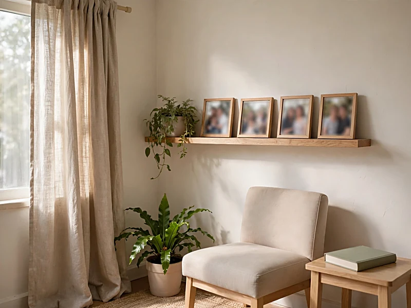 Cozy rental apartment corner with linen curtains, framed family photographs, indoor plants, and a wooden shelf.