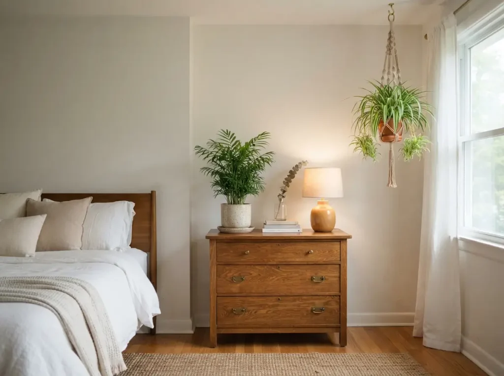 Pet safe bedroom plants: a parlor palm on a dresser and a spider plant in a hanging planter
