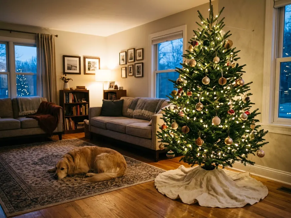 Anchored Christmas tree with covered water and a calm dog resting nearby