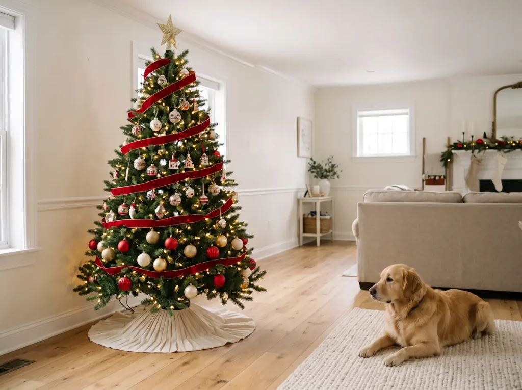 Golden retriever resting near a Christmas tree with sturdy ornaments low and fragile ornaments high