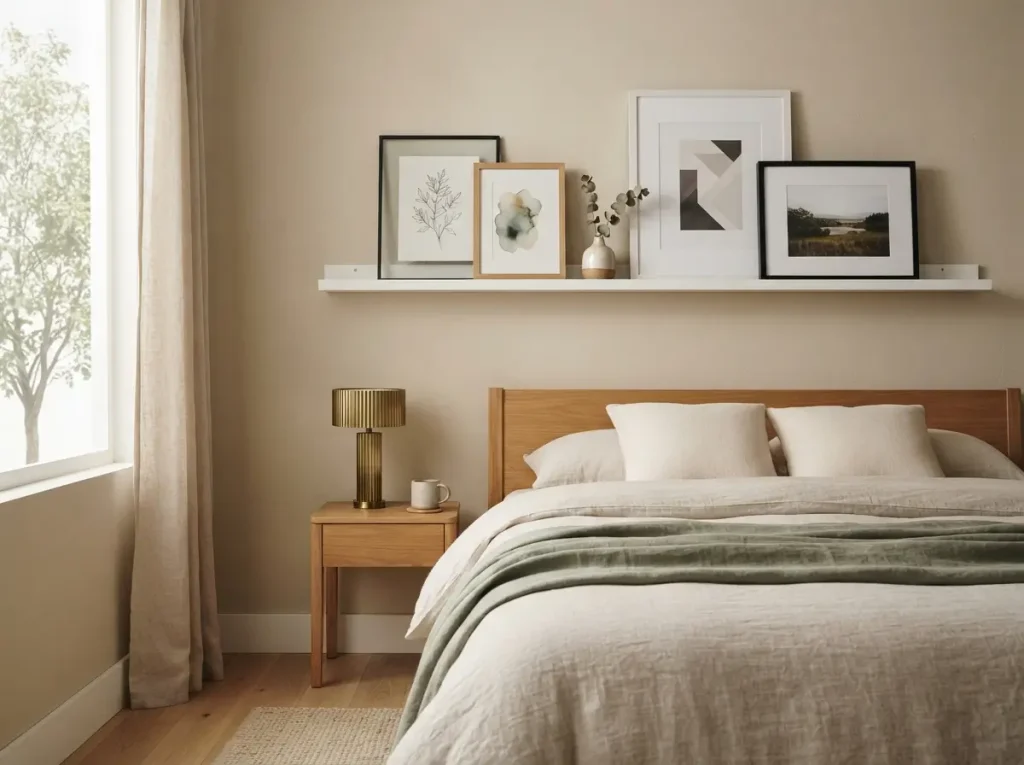 Narrow picture ledge above a bed holding four overlapping leaning frames and a small vase

