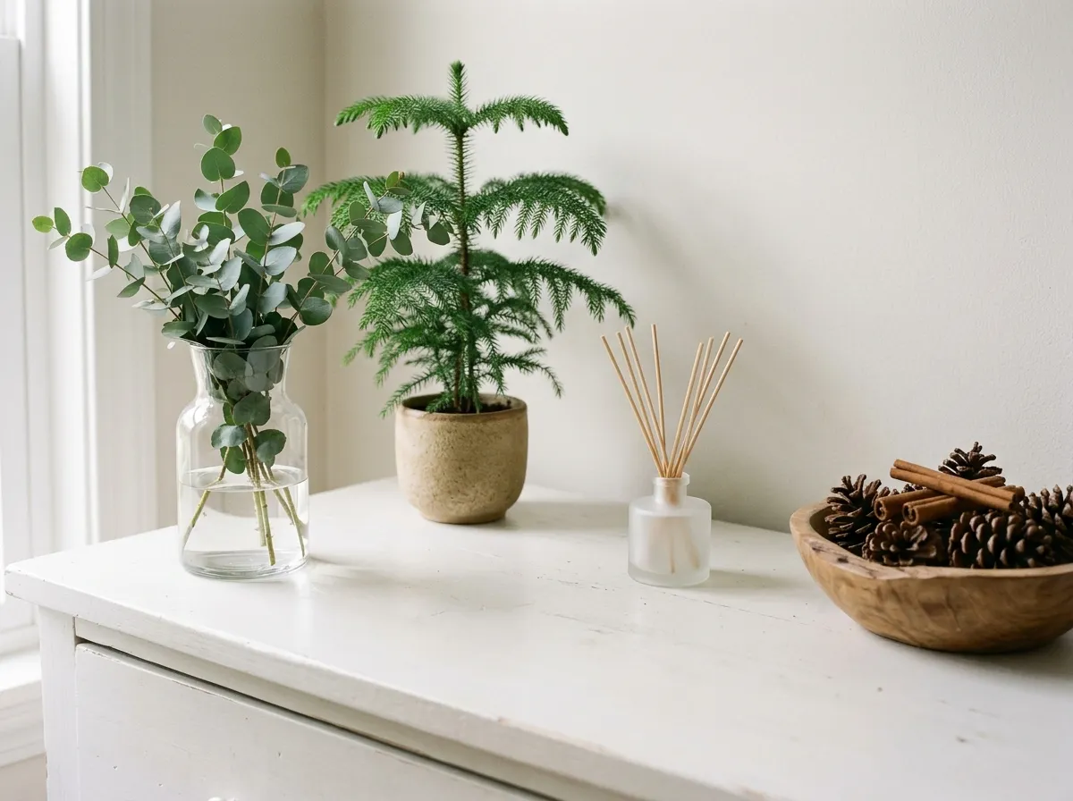 Dresser styled with Norfolk pine, eucalyptus, a bowl of pinecones and cinnamon sticks, and a reed diffuser