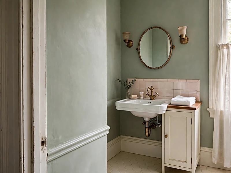 Vintage bathroom with sage green walls, pale pink backsplash tiles, white sink, and brass fittings.