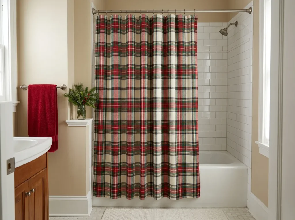 Red and green plaid Christmas shower curtain in a white bathroom with matching red towels and simple accessories.