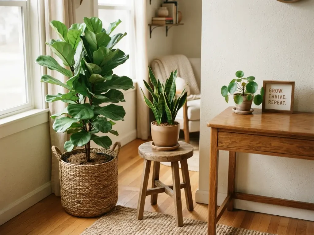 Tall floor plant beside a small desk plant and a plant raised on a wooden stool
