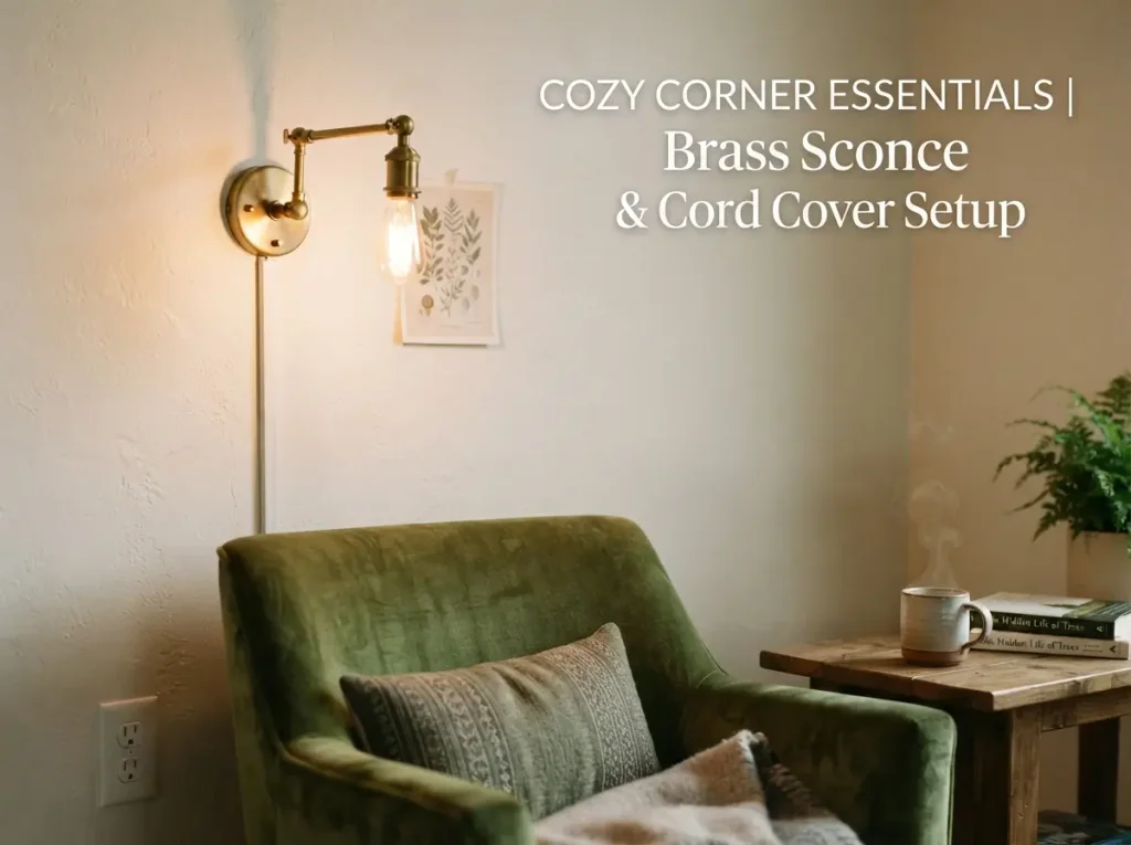 Plug-in wall sconce with a white stick-on cord cover running down to an outlet
