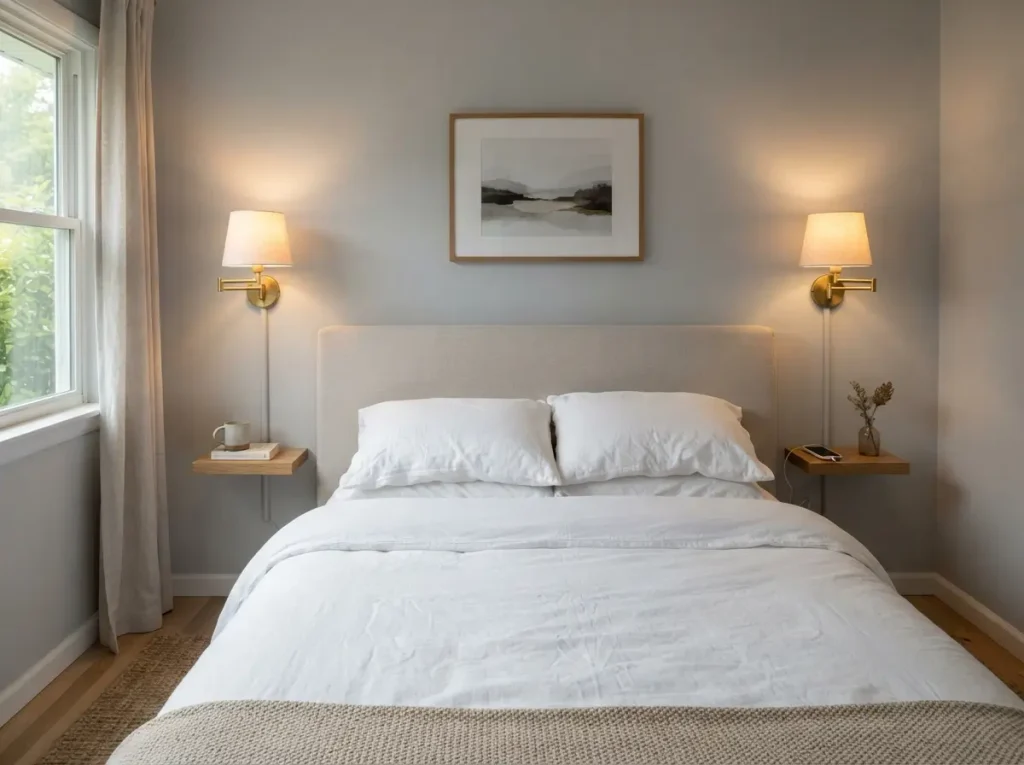 Pair of brass plug in wall sconces mounted at the same height beside a bed with a painted cord cover
