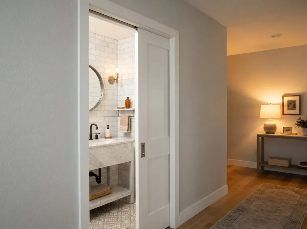 White pocket door sliding into the wall of a small bathroom
