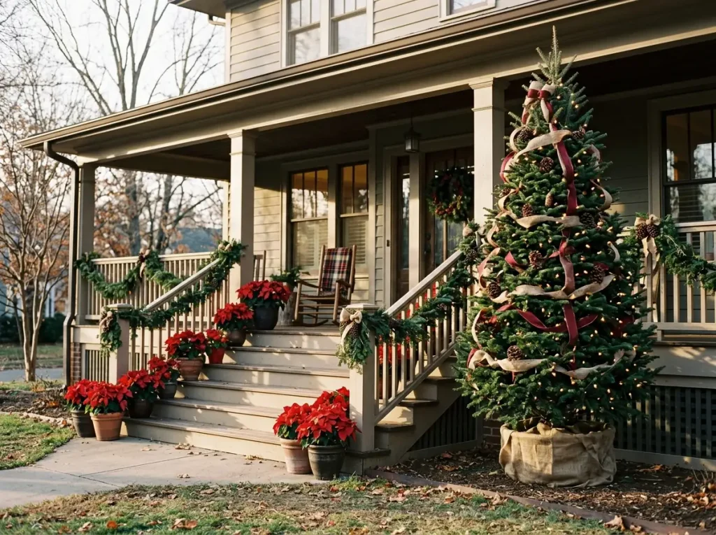 Porch with a tall anchored tree decorated with ribbon and pinecones and red poinsettias along the steps