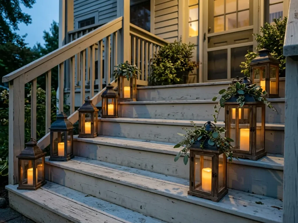 Lanterns at different heights on porch steps with flameless candles glowing