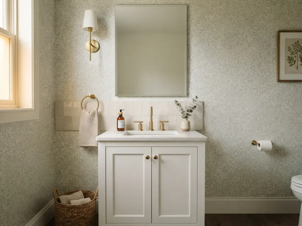 Half bath with washable vinyl botanical wallpaper and a plain mirror
