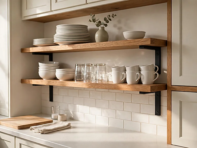 Open wooden kitchen shelves holding everyday plates, bowls, cups, and a small ceramic vase.