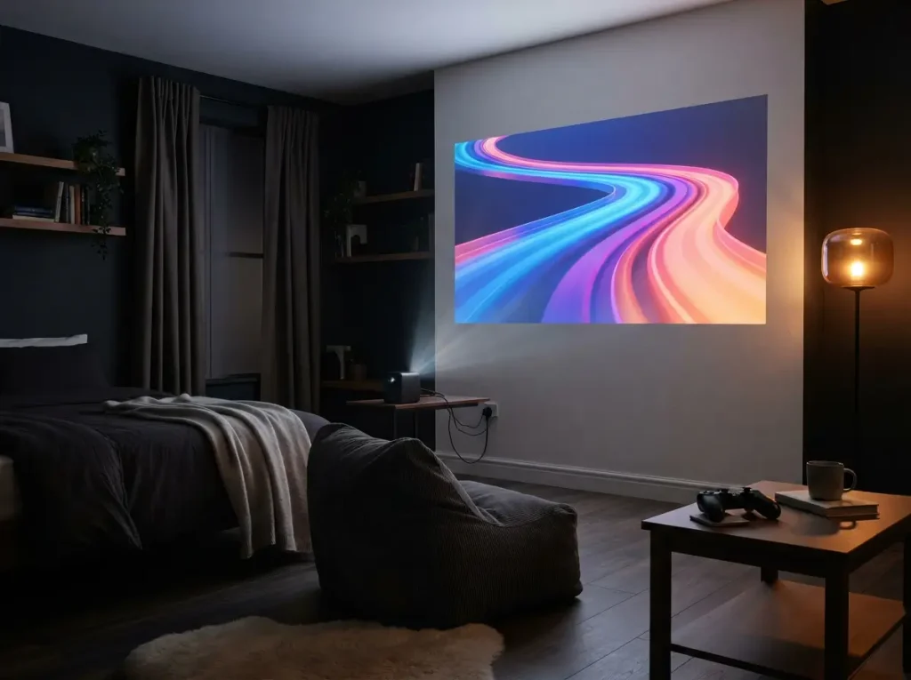 Bedroom wall used as a projector screen for gaming with blackout curtains drawn
