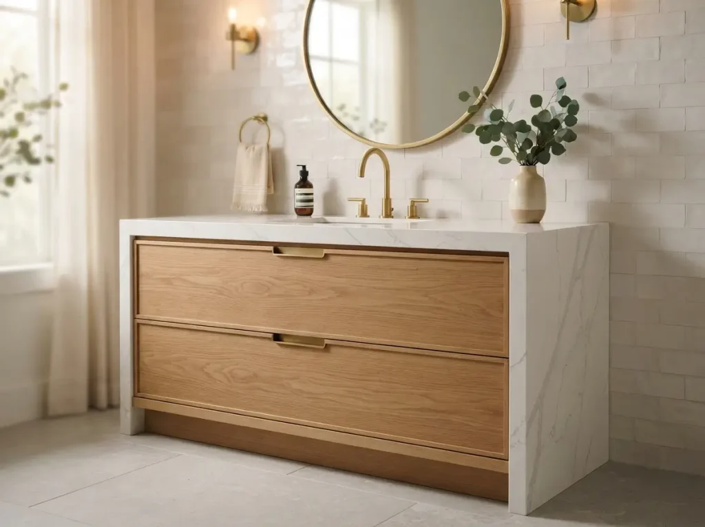 Quartz vanity countertop with a mitered waterfall edge down the cabinet side