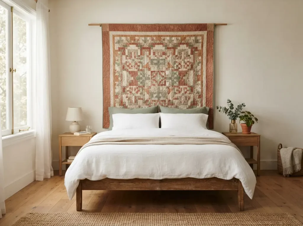 Patchwork quilt hung from a wooden rod above a bed with no headboard, wider than the mattress

