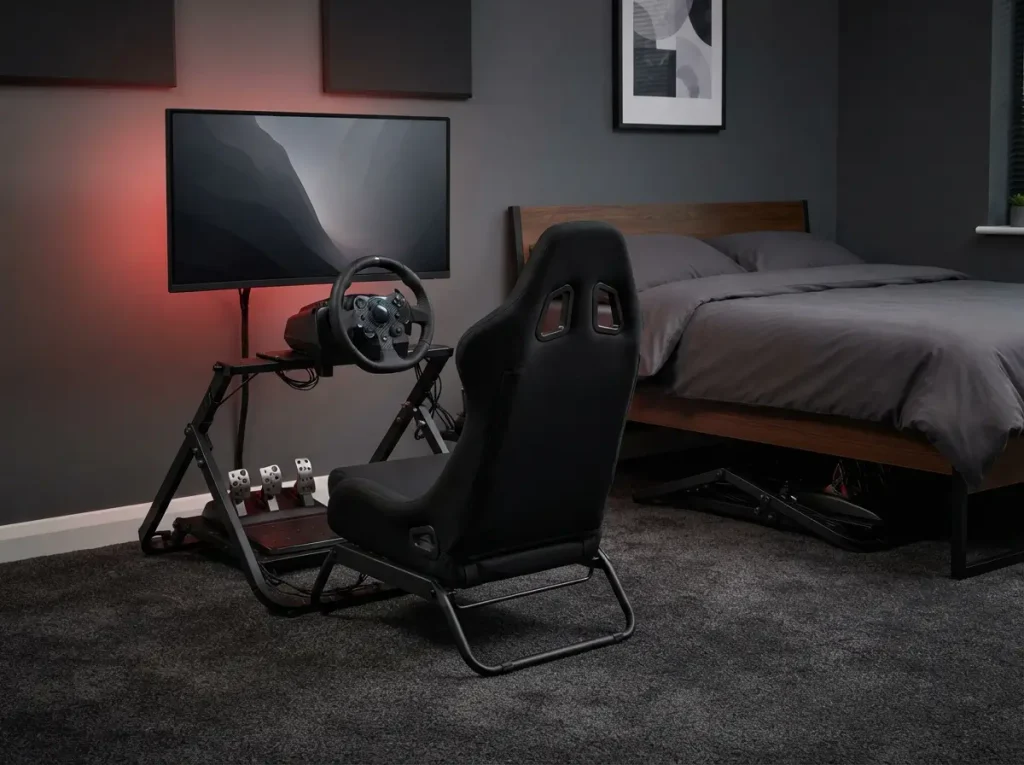 Racing sim corner in a bedroom with a wheel, pedals and a foldable stand that slides under the bed
