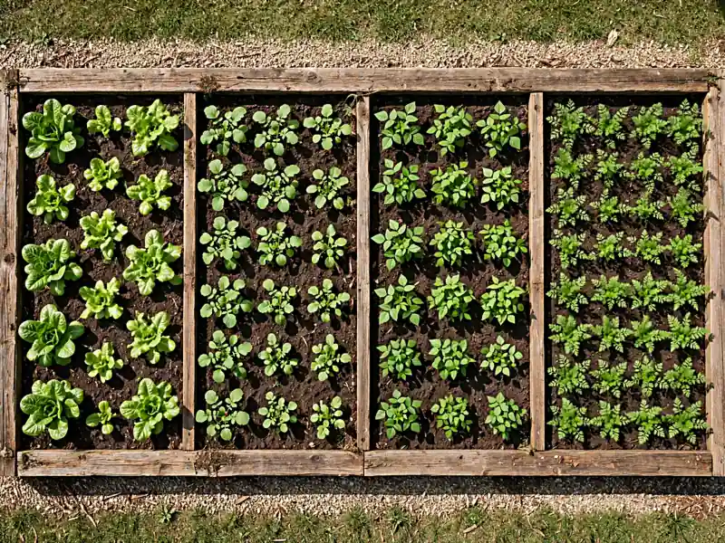 Raised wooden vegetable bed divided into four planting sections for lettuce, radishes, bush beans, and carrots.