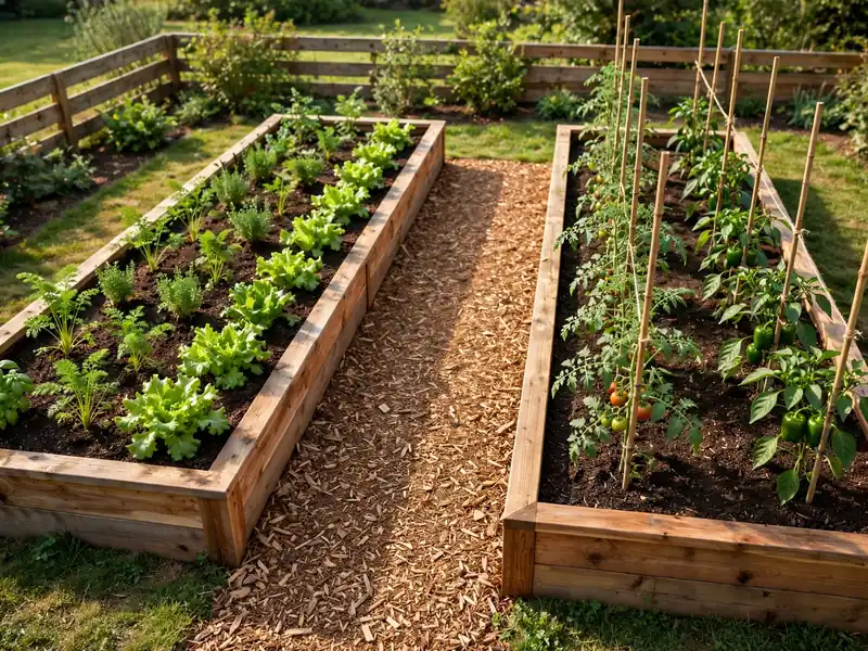 Two parallel cedar raised beds filled with vegetables and separated by a clear walking path.