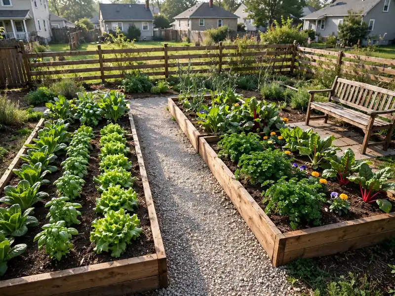 Small backyard with two wooden raised garden beds, vegetables, herbs, gravel paths, and a nearby bench.