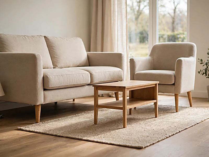 Small apartment living room with a raised sofa, slim-legged chair, and visible wood flooring beneath the furniture.
