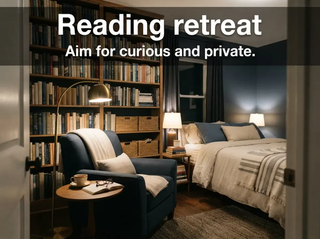 Reading retreat bedroom with a tall bookcase, deep armchair, and floor lamp
