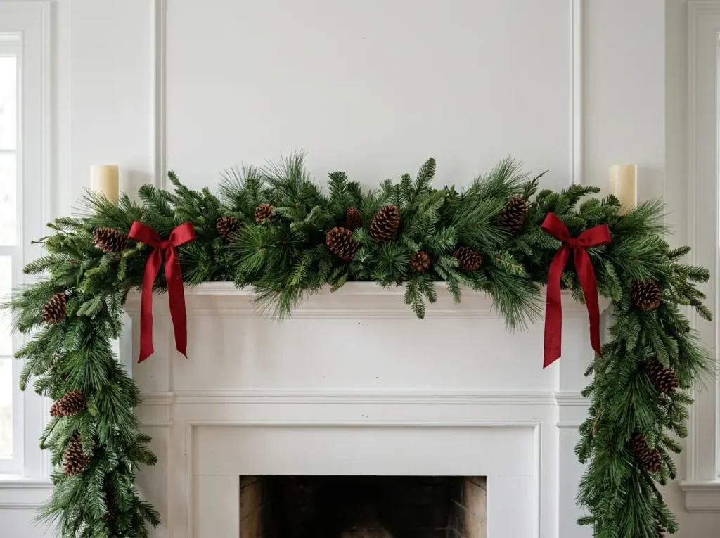 Full, realistic faux garland draped along a mantel with mixed tips and varied needle shapes