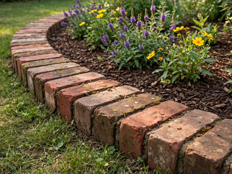 Curved flower bed bordered with reclaimed red bricks beside a suburban lawn.