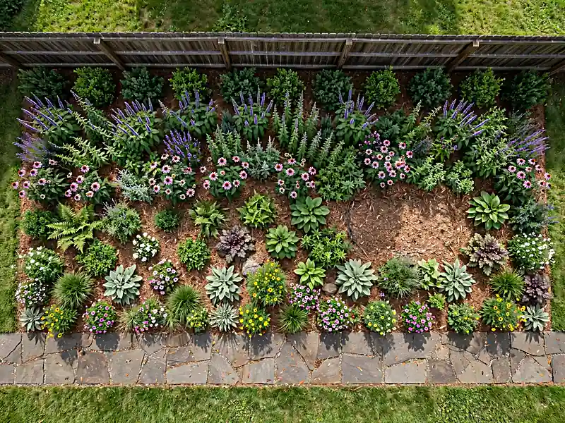 Rectangular backyard garden with a side walkway, mixed flower borders, and shrubs along the fence.