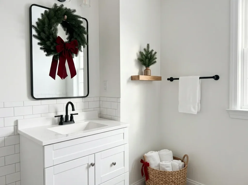 Traditional Christmas bathroom with red velvet bows, evergreen foliage, white towels, and black fixtures.
