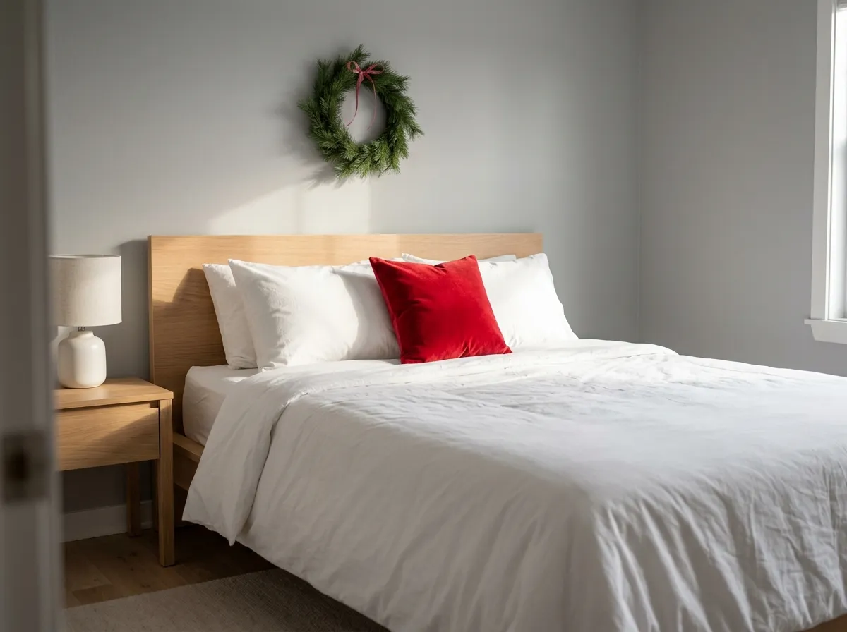 Christmas bedroom bed with white quilt, red velvet pillow, and green wreath in a red, green, and white palette