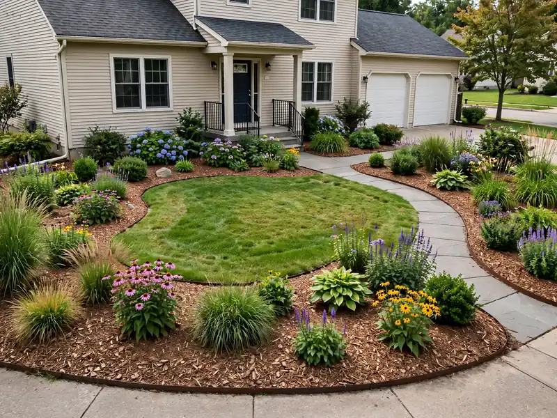 Suburban yard with a smaller lawn, curved mulched planting beds, shrubs, and climate-adapted perennials.