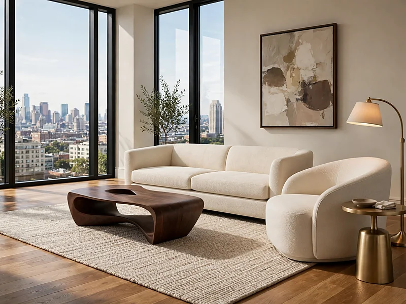 Refined luxury condo living room with walnut furniture, cream seating, brushed metal accents, and large artwork.