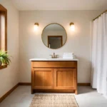 Refreshed bathroom with oak vanity, round brass mirror, and warm sconces, a simple example of bathroom theme ideas