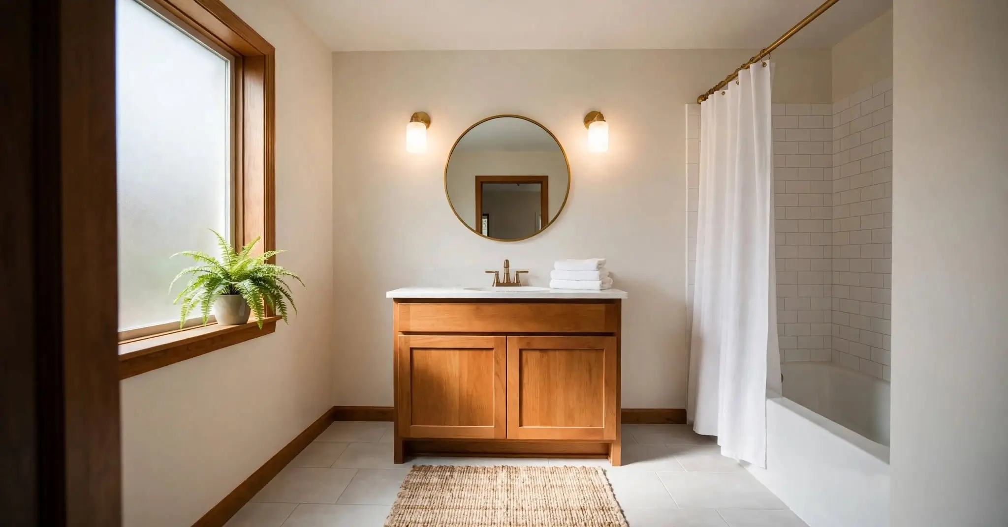 Refreshed bathroom with oak vanity, round brass mirror, and warm sconces, a simple example of bathroom theme ideas