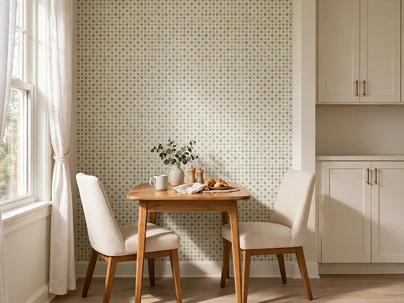 Subtle peel-and-stick geometric wallpaper on a kitchen breakfast nook accent wall.