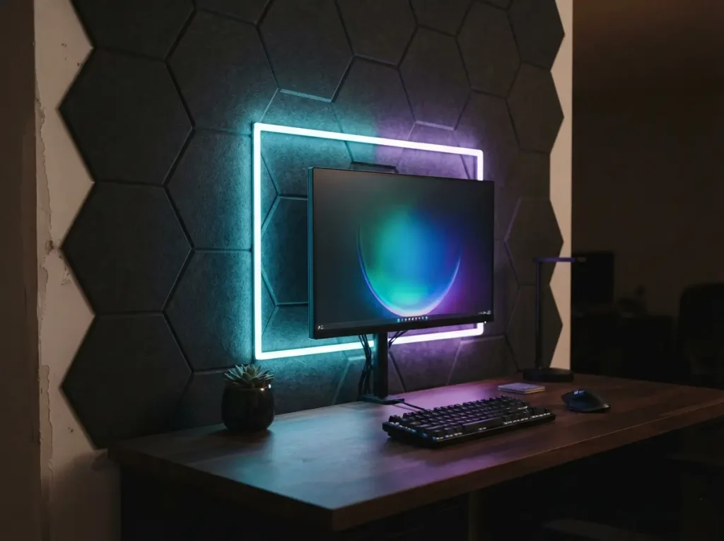 Adhesive LED strip glowing behind a monitor beside peel and stick wall panels in a rental bedroom
