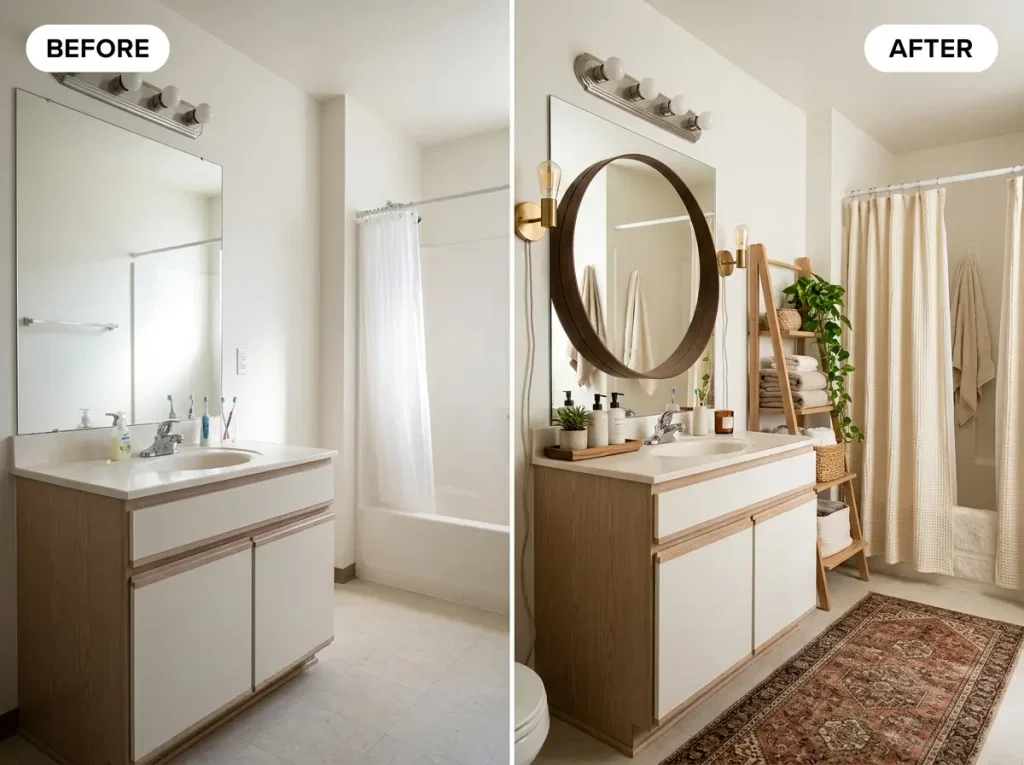 Rental bathroom decor ideas before and after using only removable items
