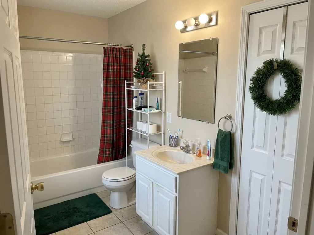 Small rental bathroom decorated with a plaid shower curtain, Christmas towels, and removable holiday accessories.