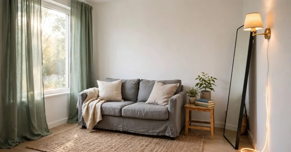 Finished rental living room with a jute rug, plug-in wall sconce, and leaning floor mirror